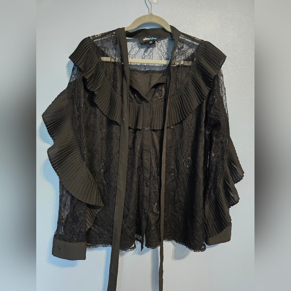 Alice Blue Ruffle Lace Tie- Neck Blouse Black Size 2X